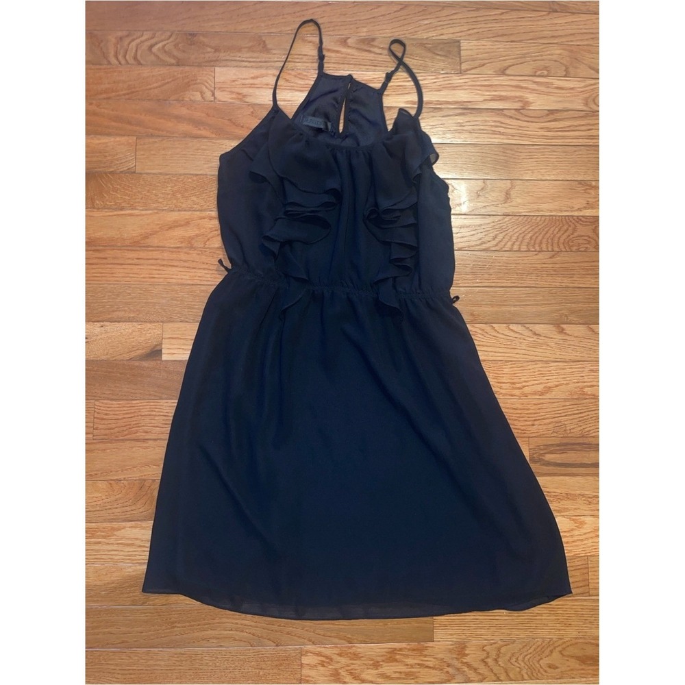 M. Fredric Black Ruffle Front Halter Dress Keyhole Back Sleeveless Cocktail Mini